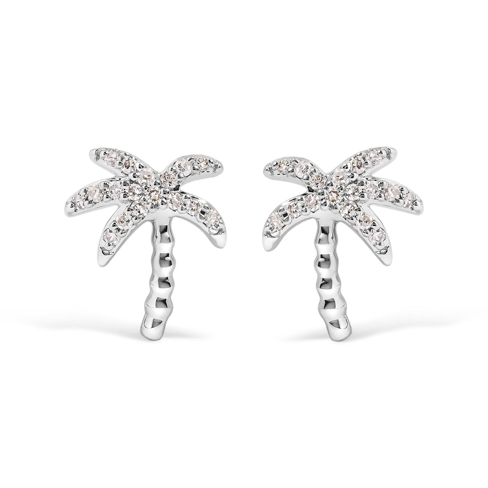 10K White Gold 1/10 Cttw Diamond Encrusted Palm Tree Stud Earrings (H-I Color, I1-I2 Clarity)