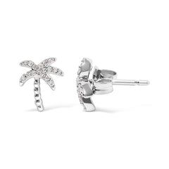 10K White Gold 1/10 Cttw Diamond Encrusted Palm Tree Stud Earrings (H-I Color, I1-I2 Clarity)