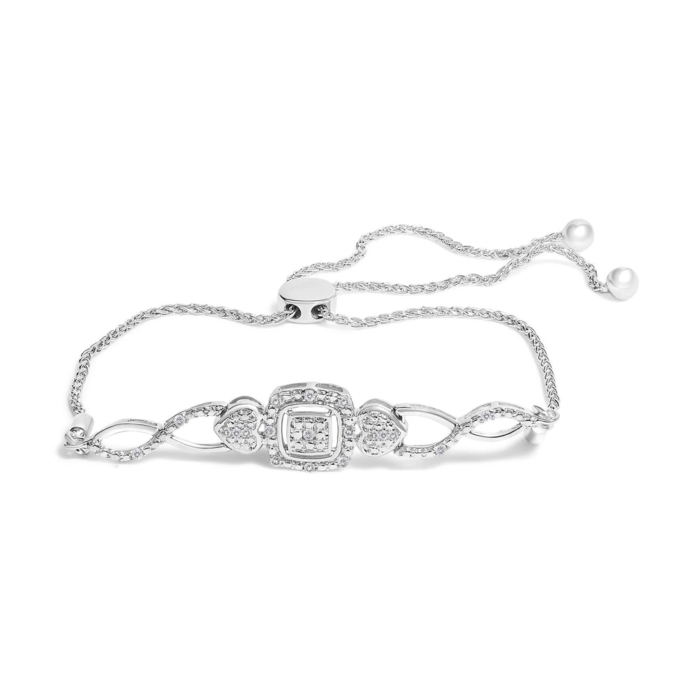 .925 Sterling Silver Diamond Cushion Frame Heart-Sides Twist 4”-10” Adjustable Bolo Tennis Bolo Bracelet (I-J Color, I3 Clarity)