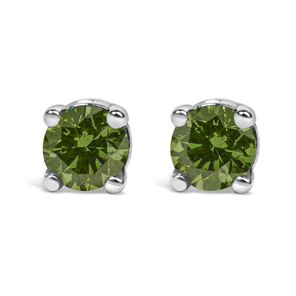 .925 Sterling Silver 1/4 Cttw Round Brilliant-Cut Green Diamond Classic 4-Prong Stud Earrings (Fancy Color-Enhanced, I2-I3 Clarity)