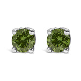 .925 Sterling Silver 1/4 Cttw Round Brilliant-Cut Green Diamond Classic 4-Prong Stud Earrings (Fancy Color-Enhanced, I2-I3 Clarity)