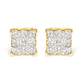 14K Yellow Gold 1/2 Cttw Invisible Set Princess-Cut Diamond 9 Stone Square Stud Earrings (J-K Color, SI2-I1 Clarity)