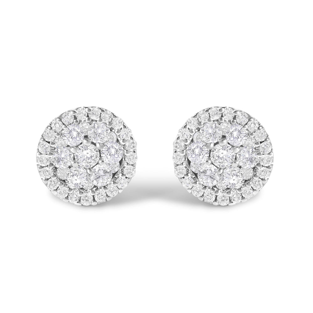 14K White Gold 1.0 Cttw Brilliant-Cut Diamond Halo-Style Cluster Round Button Stud Earrings (H-I Color, I1-I2 Clarity)