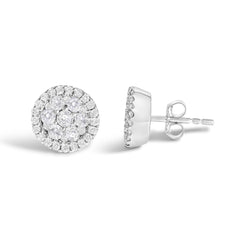 14K White Gold 1.0 Cttw Brilliant-Cut Diamond Halo-Style Cluster Round Button Stud Earrings (H-I Color, I1-I2 Clarity)