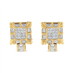 14K Yellow Gold 7/8 Cttw Princess and Baguette-Cut Diamond Square Framed Huggie Hoop Omega Earrings (H-I Color, SI1-SI2 Clarity)