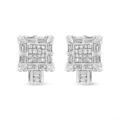 14K White Gold 1.0 Cttw Princess and Baguette-Cut Diamond Square Framed Huggie Hoop Omega Earrings (H-I Color, SI1-SI2 Clarity)