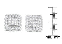 14K White Gold 1.0 Cttw Round Brilliant & Princess Cut Diamond Scallop-Edge Framed Square Halo Stud Earrings (G-H Color, SI1-SI2 Clarity)
