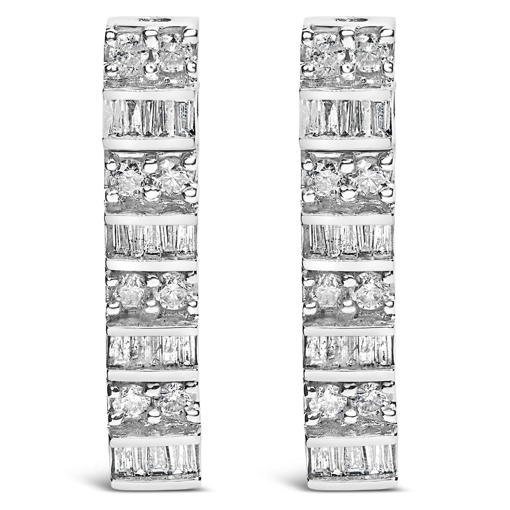 14K White Gold 1 1/3 cttw Round And Baguette Cut Diamond Earrings (H-I, SI2-I1)