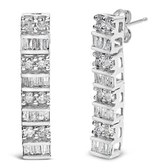 14K White Gold 1 1/3 Cttw Alternating Round And Baguette Diamond Drop Earrings (H-I Color, SI2-I1 Clarity)