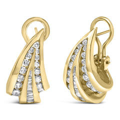 14K Yellow Gold 2-1/4 Cttw Baguette Diamond Modern Omega Huggy Earrings