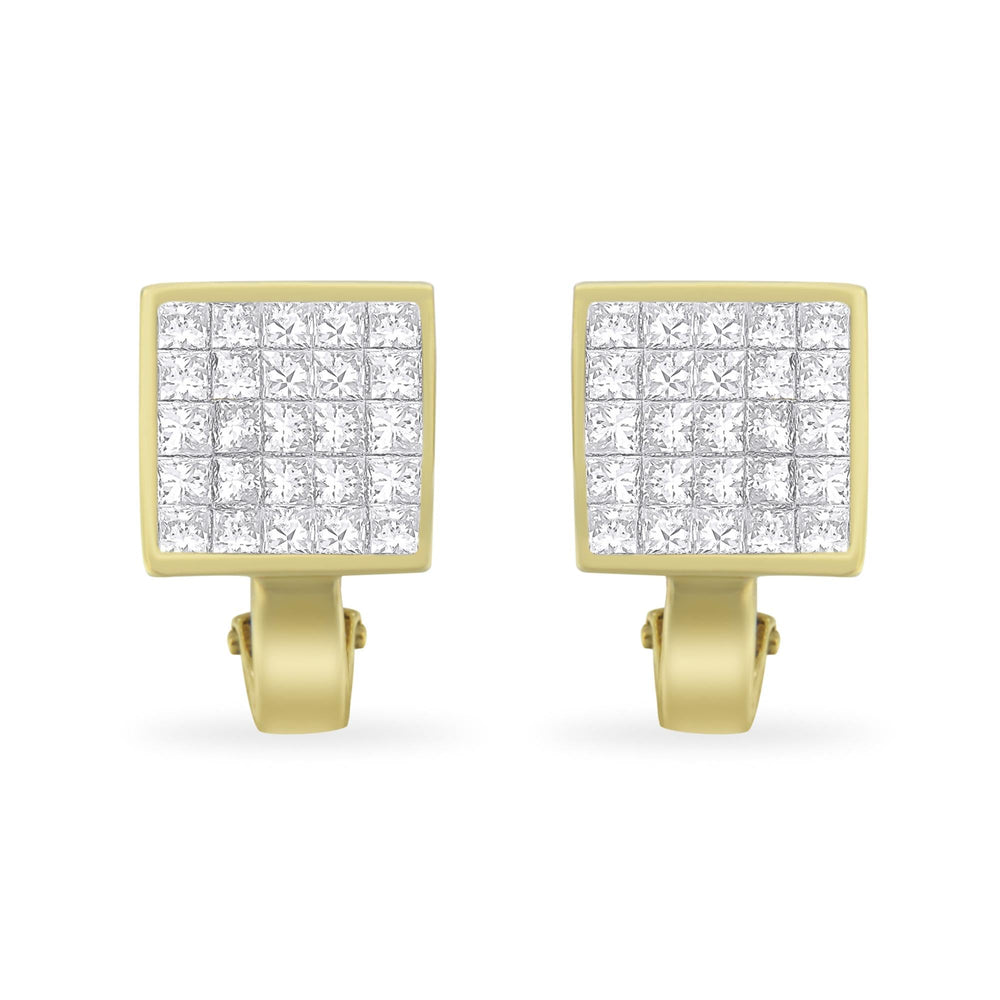 14K Yellow Gold 3-1/5 Cttw Princess Cut Diamond ¾ Square Invisible Set Grid Huggy Style Omega Back Stud Earrings (G-H Color, VS1-VS2 Clarity)