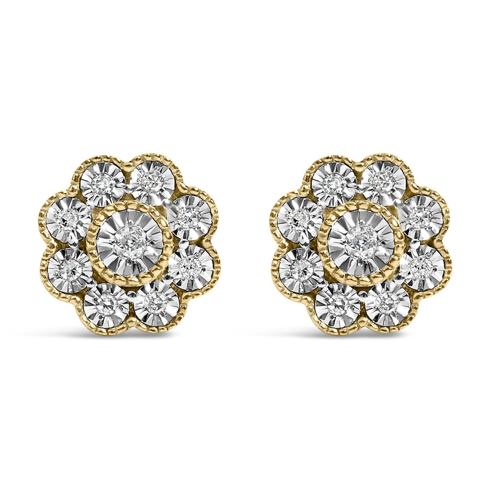 14K Yellow Gold Plated .925 Sterling Silver 1/6 Cttw Miracle-Plate Set Diamond Floral Stud Earrings (I-J Color, I2-I3 Clarity)