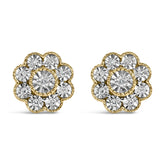 14K Yellow Gold Plated .925 Sterling Silver 1/6 Cttw Miracle-Plate Set Diamond Floral Stud Earrings (I-J Color, I2-I3 Clarity)