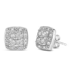 .925 Sterling Silver 1/4 cttw Round Cut Diamond Square Shape Milgrain Stud Earrings (I-J Color, I3 Clarity)