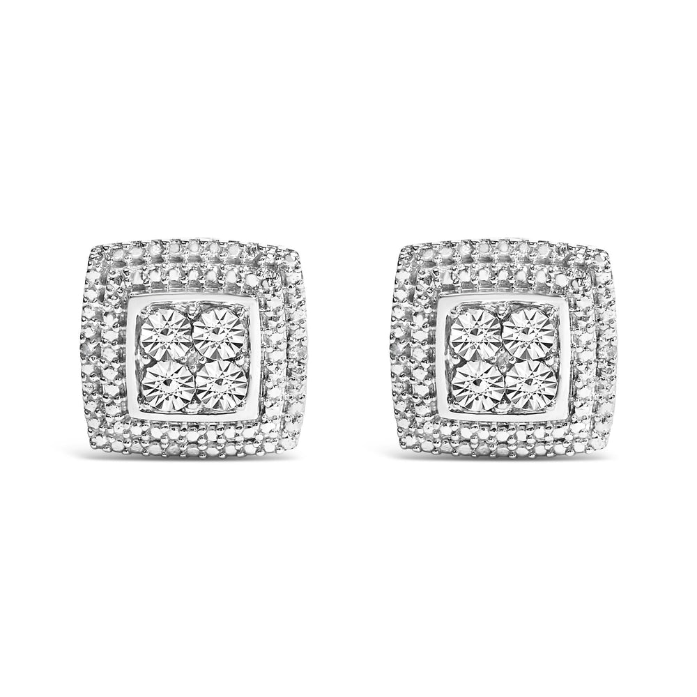.925 Sterling Silver Diamond Accented Square Shaped Milgrain Stud Earrings (I-J Clarity, I3 Color)