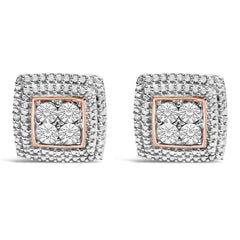 .925 Sterling Silver Diamond Accented Square Shaped Milgrain Stud Earrings (I-J Clarity, I3 Color)