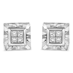 .925 Sterling Silver 1/6 Cttw Invisible Set Princess-Cut Diamond Quad Composite Stud Earrings (H-I Color, I1-I2 Clarity)