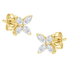 14K Gold Marquise Diamond 8 Stone Floral Leaf Stud Earrings (I-J Color, SI2-I1 Clarity)