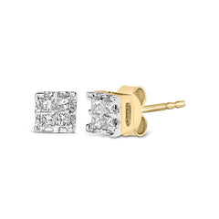 10k Yellow Gold Princess Diamond Quad Stud Earrings (1/4 cttw, J-K Color, I2-I3 Clarity)