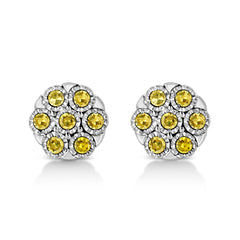 .925 Sterling Silver 1/4 Cttw Color Diamond Cluster Flower Earrings