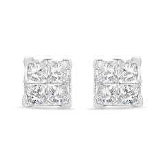 .925 Sterling Silver 5/8 Cttw Princess Cut Diamond Invisible Set Quad Composite Stud Earrings (I-J Color, I2-I3 Clarity)