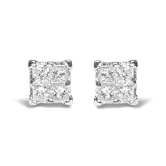 .925 Sterling Silver 1/4 Cttw Invisible Set Princess Diamond Composite Quad Stud Earrings (I-J Color, I1-I2 Clarity)