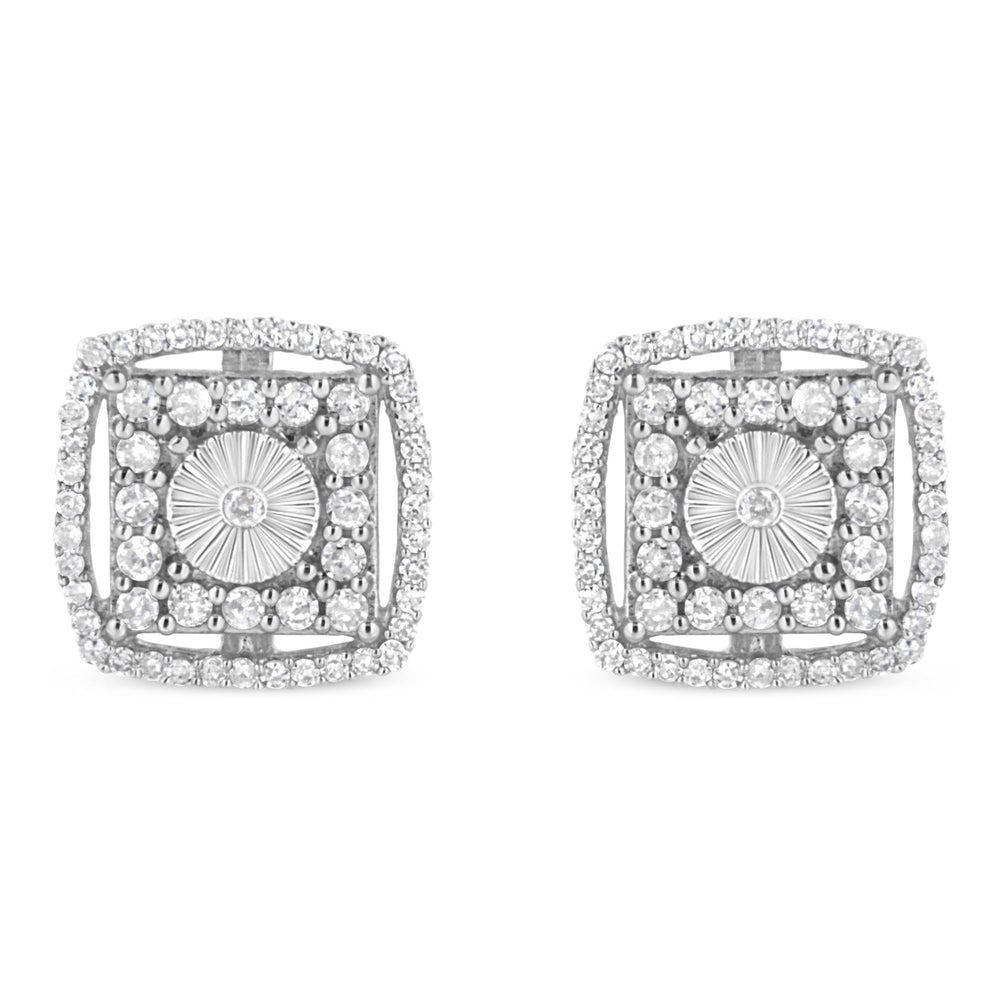 .925 Sterling Silver 1.0 Cttw Round Diamond Double Halo and Disc Stud Earring (I-J Color, I2-I3 Clarity)