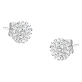 .925 Sterling Silver 1/2 Round and Baguette Diamond Sunburst Floral Cluster Stud Earrings (I-J Color, I3 Clarity)