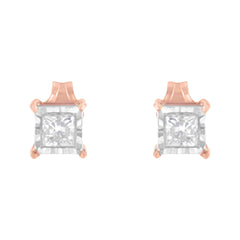 14K Rose Gold Plated Two-Tone .925 Sterling Silver 1/2 Cttw Princess-Cut Square Near Colorless Diamond Solitaire Miracle-Plate Stud Earrings (J-K Color, I2-I3 Clarity)