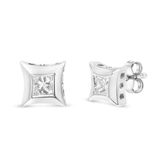 Sterling Silver 1/3 Cttw Princess Cut Diamond Square Stud Earrings