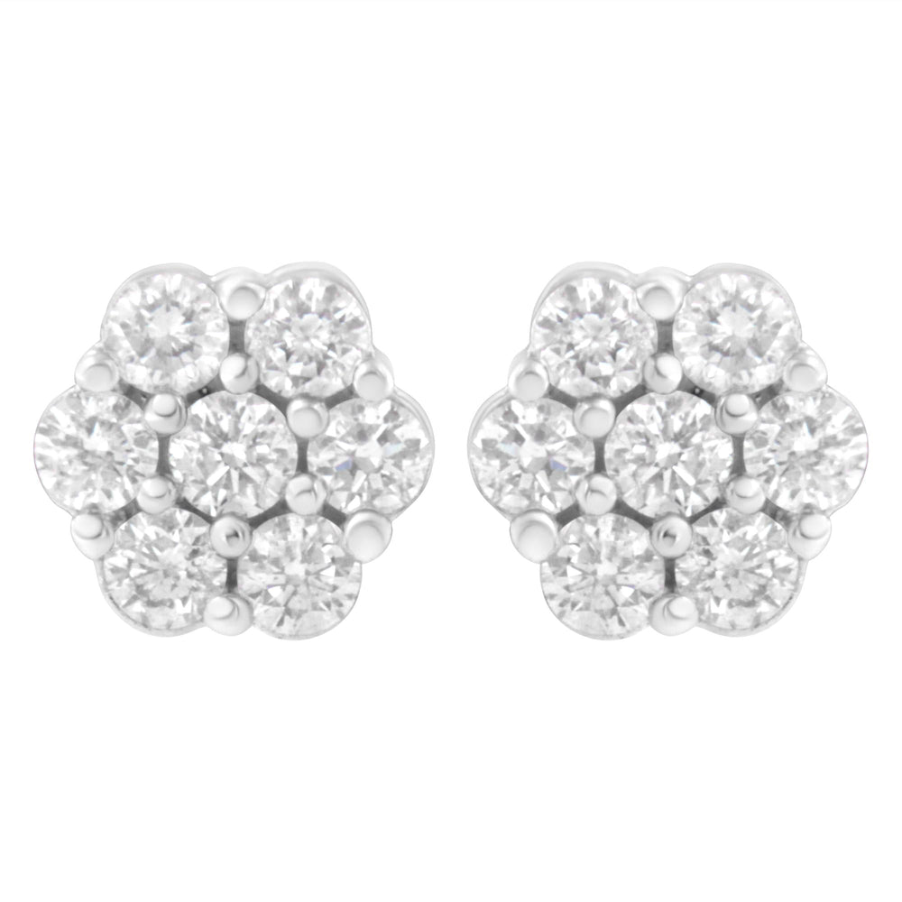 14K White Gold 7 Stone Floral Cluster Round Brilliant Cut Diamond Stud Earrings with Screw Backs(I-J, SI2-I1)