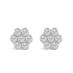 14K White Gold 7 Stone Floral Cluster Round Brilliant Cut Diamond Stud Earrings with Screw Backs(I-J, SI2-I1)