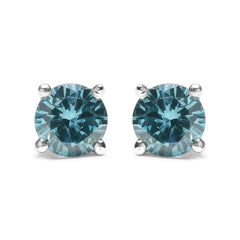 14K Gold 1/2 Cttw Aqua Blue Diamond Screw-Back 4-Prong Classic Stud Earrings (Color Treated, I2-I3)