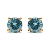 14K Gold 1/2 Cttw Aqua Blue Diamond Screw-Back 4-Prong Classic Stud Earrings (Color Treated, I2-I3)