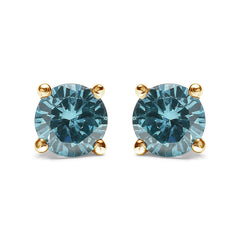 14K Gold 1/2 Cttw Aqua Blue Diamond Screw-Back 4-Prong Classic Stud Earrings (Color Treated, I2-I3)