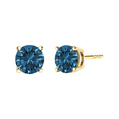 14K Gold Round Brilliant Cut Lab Grown Blue Diamond 4-Prong Classic Solitaire Stud Earrings with Pushbacks
