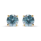 14K Yellow Gold 1.0 Cttw Treated Aqua Blue Diamond Classic Solitaire Stud Earrings (Aqua Blue Color, I2-I3 Clarity)