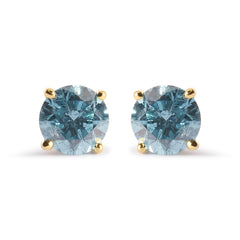 14K Yellow Gold 1.0 Cttw Treated Aqua Blue Diamond Classic Solitaire Stud Earrings (Aqua Blue Color, I2-I3 Clarity)
