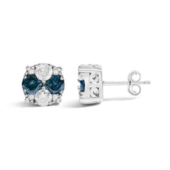 .925 Sterling Silver 2.0 Cttw Blue Diamond Composite Cluster Stud Earring