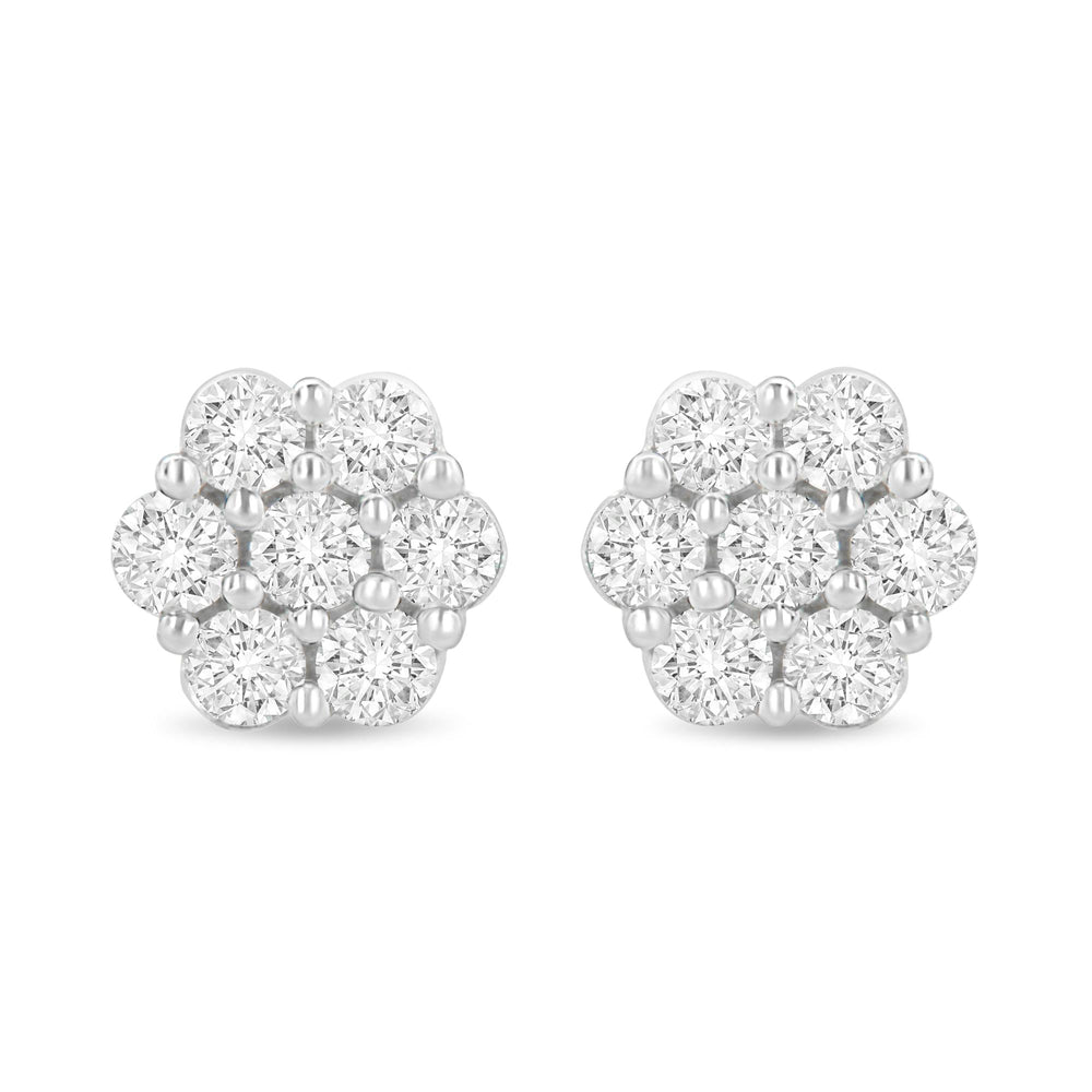 14K White Gold 1 1/2 cttw Prong Set Round-Cut Diamond Floral Cluster Stud Earrings (I-J Color, SI1-SI2 Clarity)