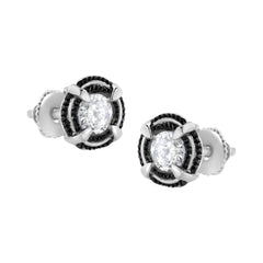 Black Rhodium Plated .925 Sterling Silver Round Diamond Double Halo 4-Prong Solitaire Milgrain Stud Earrings