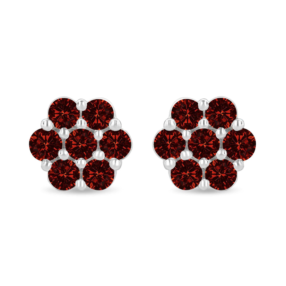 14K White Gold 1.0 Cttw Treated Red Diamond Prong Set 7 Stone Floral Stud Earrings (Treated Red Color, SI2-I1 Clarity)