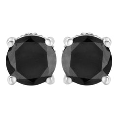 14K White Gold Round Brilliant-Cut Black Diamond Classic 4-Prong Stud Earrings with Screw Backs (Fancy Color-Enhanced, I2-I3 Clarity)