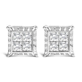 14K White Gold 1 1/2 Cttw Invisible Set Princess-Cut Diamond Contemporary Wavy Quad Stud Earrings (I-J Color, I1-I2 Clarity)