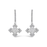 10K White Gold Princess and Round Diamond Geometric Composite Dangle Earrings