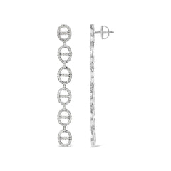 Sterling Silver 1.0 Cttw Diamond Oval Design Dangle Earrings