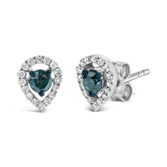 Sterling Silver 1/2 Cttw Blue and White Diamond Pear Shape Halo Stud Earrings
