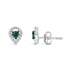 Sterling Silver 1/2 Cttw Blue and White Diamond Pear Shape Halo Stud Earrings