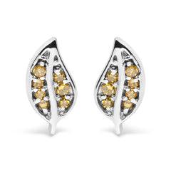 .925 Sterling Silver Yellow Diamond Accent Leaf Stud Earrings