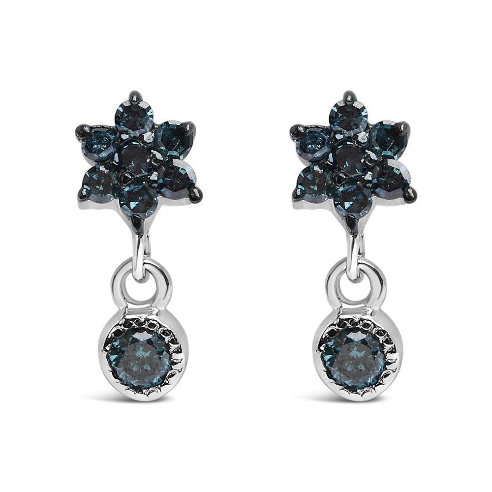 .925 Sterling Silver 1/10 Cttw Blue Diamond Star Stud with Bezel Drop Dangle Earrings (Blue Color, I2-I3 Clarity)